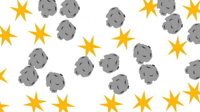 Flat vector pattern of space asteroids and yellow stars on white background