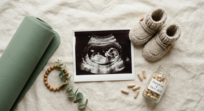 Pregnancy ultrasound scan with baby booties and supplements