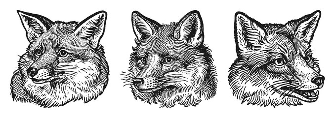 Fototapeta premium PNG Vintage fox illustrations in detailed black ink style, transparent background