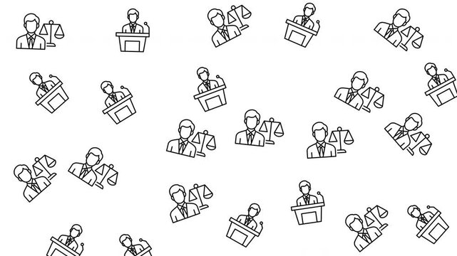 Seamless pattern of legal authority icons with judge, justice scales and podium