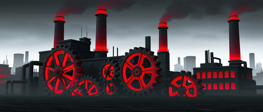 Industrial plant red gear smoke stack dark factory city skyline mechanical system heavy machinery pollution glowing light industrial landscape