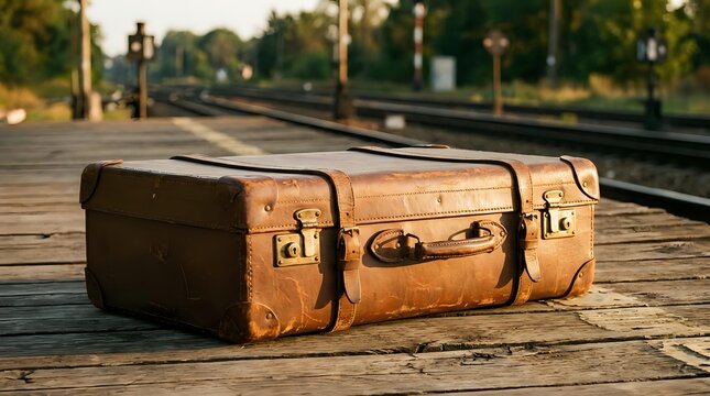 Vintage brown leather suitcase resting on wooden platform with railway tracks in soft-focus background, evoking travel and nostalgia