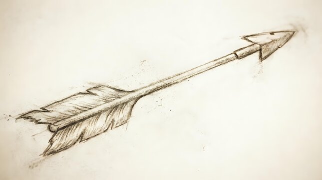 Vintage hand-drawn arrow with feathered fletching on aged paper background