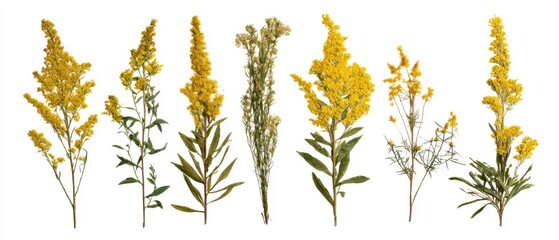 Set of pressed Goldenrod stalks and flowers, autumn botanical set, isolated on pure white background