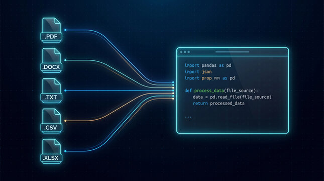 Data Science Automation Concept Showing Multiple File Formats Processed by Programming Code Script