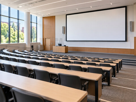 Empty university lecture hall with wide rows of desks comfortable seating large projection screen and natural window light in a modern campus classroom prepared for college teaching