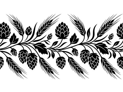 vector Decorative Border Design Featuring Hops and Barley Stalks in Black and Silhouette Style for Oktoberfest Celebrations on transparent background