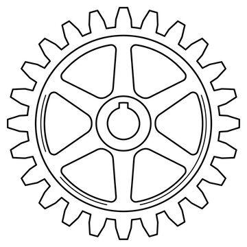 Black and white outline of a mechanical gear with visible teeth on a white background