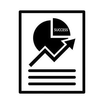 Black flat icon of business report with pie chart and upward trend on white background