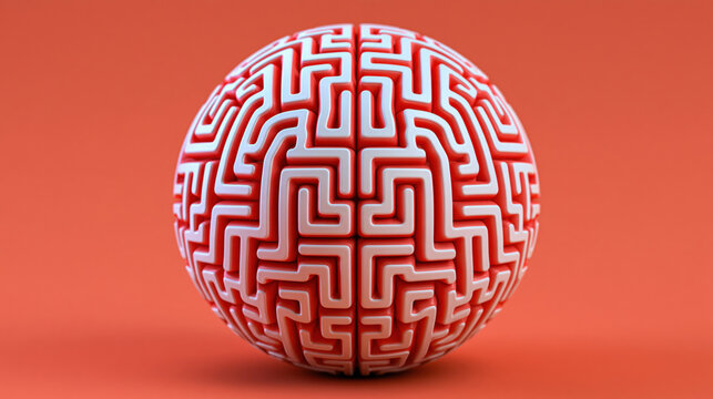 Red brain maze sphere on coral background, abstract cognitive concept with smooth 3d surface and shadow