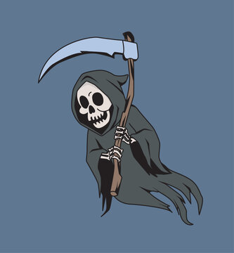 Grim reaper skeleton in dark hooded robe holding a large scythe on dark blue background in retro cartoon style, vector illustration