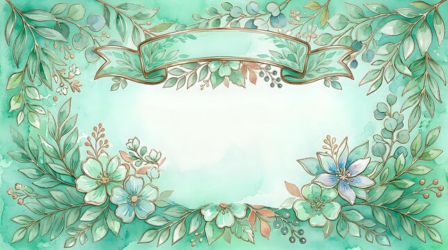 Botanical frame with green leaves, delicate flowers, and decorative ribbon banner on mint background