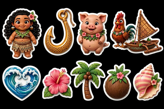 3D sticker set of tropical Pacific island elements featuring island girl, bone fish hook, cute pig, rooster, hibiscus flower, and palm tree on black background
