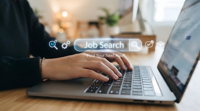 Close Up of Hands Typing on Laptop With Job Search Bar Overlay, Online Recruitment and Career Opportunity Concept, Person Looking for Employment on Internet Job Portal