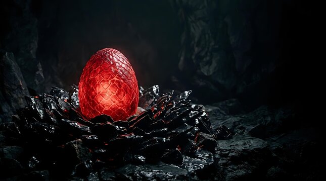 Glowing red egg resting on dark cracked stone surface in shadowy cave environment