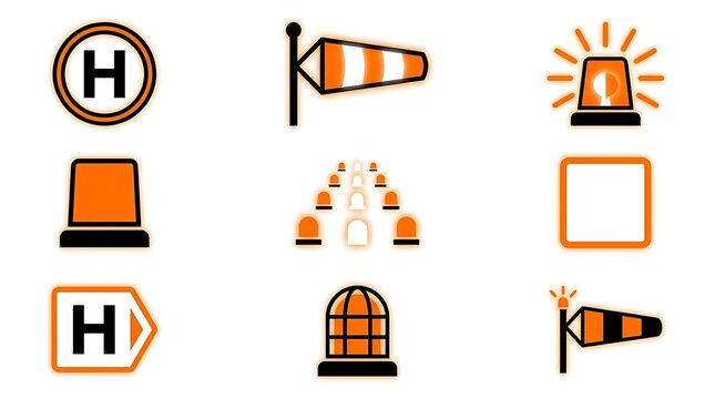 Aviation airport icons set, orange and black helipad symbols, windsock and runway light graphics for flight safety navigation