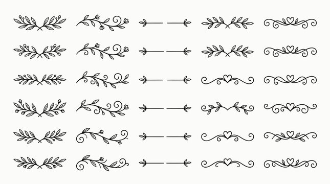 Collection of hand drawn floral and decorative text dividers for wedding invitations and stationery.