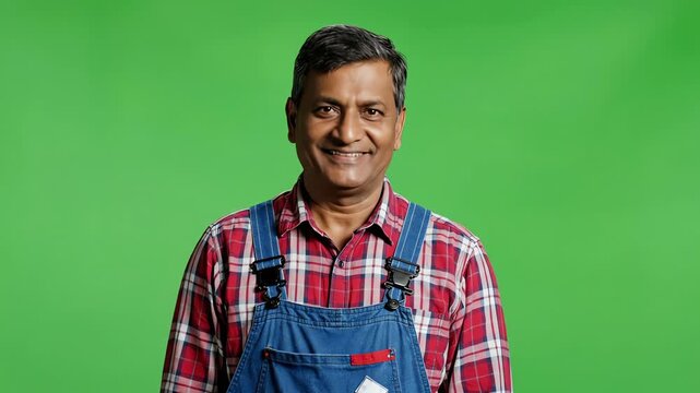 Happy Farmer Man in Overalls Smiling on Green Screen Background