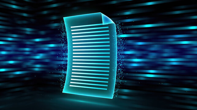 Digital document fragmenting into particles, glowing paper sheet with text lines, abstract data loss concept, blue futuristic background