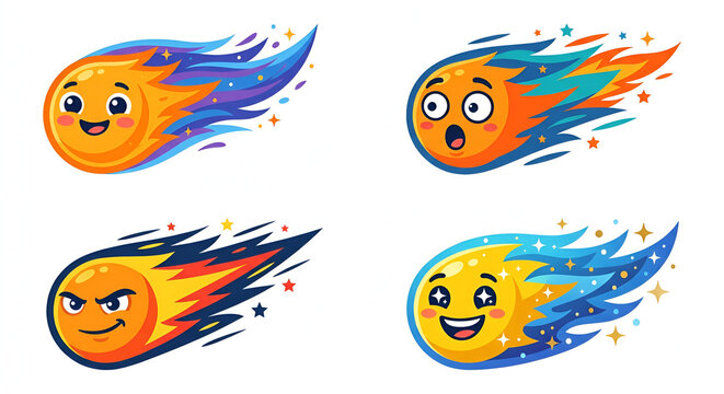 Cute Cartoon Comet and Meteor Character Set with Different Emotions