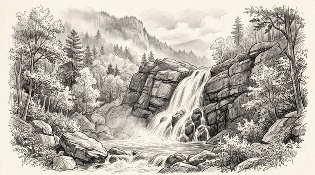 Vintage engraving of mountain waterfall in pine forest