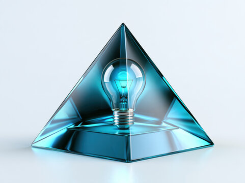 Pyramid light bulb glass blue transparent reflection innovation idea concept modern 3d render geometric triangular prism light electric energy glowing creative design minimal technology futuristic
