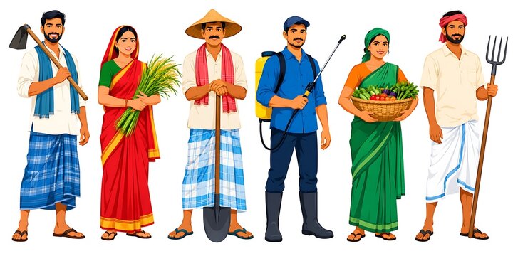 Indian farmers collection, group of rural agricultural workers with tools, traditional village farming community set on white background