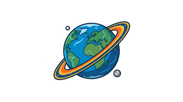 Earth globe with planetary rings and moons cartoon illustration
