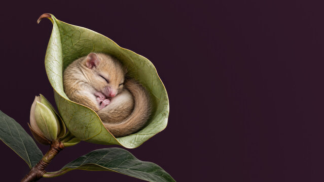 A tiny dormouse sleeps curled inside a cup-shaped green leaf, its fluffy tail wrapped around its body, beside a closed bud against deep plum tones.