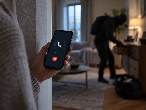 A person hiding behind a wall watches a masked burglar rummaging through items while on a phone.