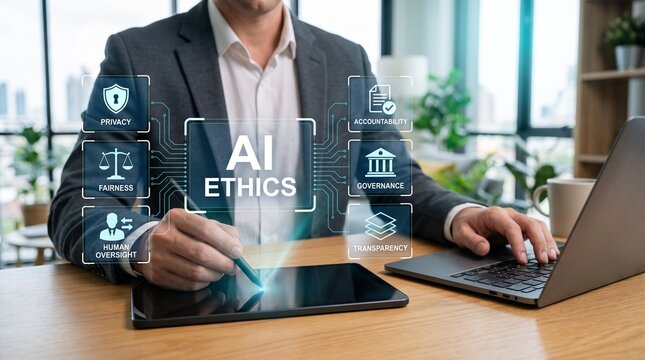 Software developer implementing ethical artificial intelligence governance framework using modern digital workspace technology
