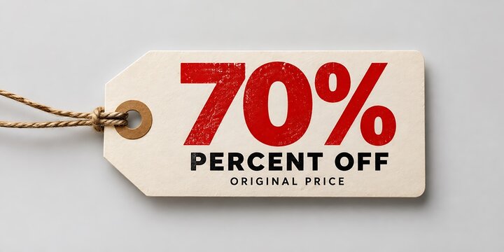 Seventy percent off sale tag, 70 percent discount price label with twine. Red and black typography on paper hangtag for retail promotion.