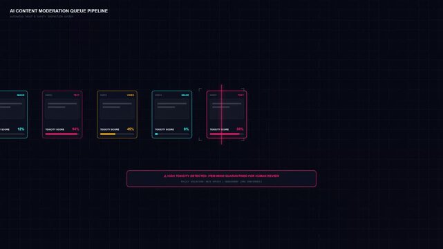 Motion graphics showing an automated AI content moderation queue processing, flagging, and quarantining toxic digital media for human verification.
