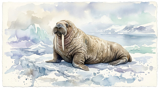 Watercolor walrus resting on arctic ice floe