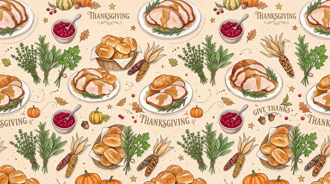 thanksgiving feast paper pattern with roast turkey slices cranberry sauce bowls savory herbs bread rolls maize cobs festive celebration dining motif delicate collage details