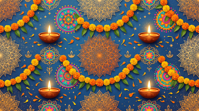 diwali festival paper pattern with glowing clay diya lamps marigold floral garlands rangoli motifs intricate mandala cutouts holiday wrapping print celebration craft elements