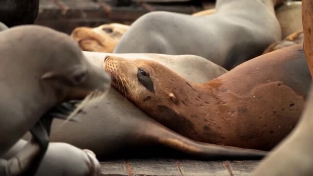 Closeup of a young sea lion looking at other sea lions resting together on a wooden dock in a natural habitat