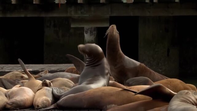 Group of california sea lions resting on a wooden dock at pier 39 in san francisco