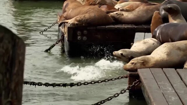 Group of california sea lions resting on wooden docks at pier 39 in san francisco