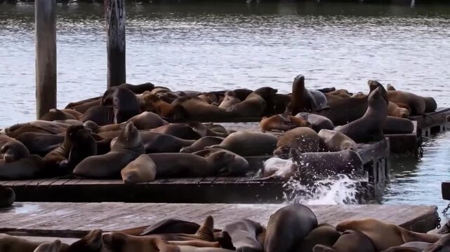 Group of california sea lions resting on wooden docks at pier 39 in san francisco, california