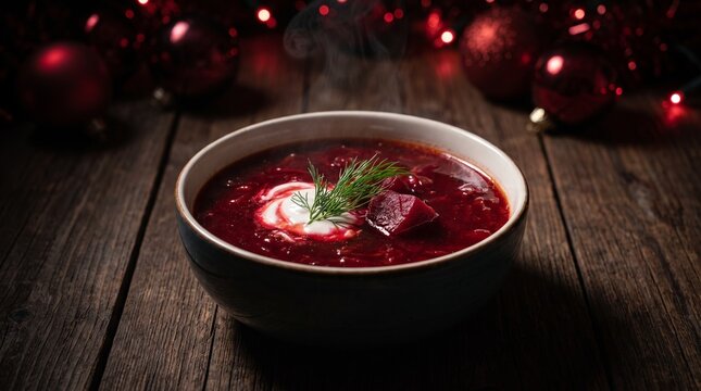 Traditional Christmas Eve red borscht beet soup with sour cream and herbs in bowl