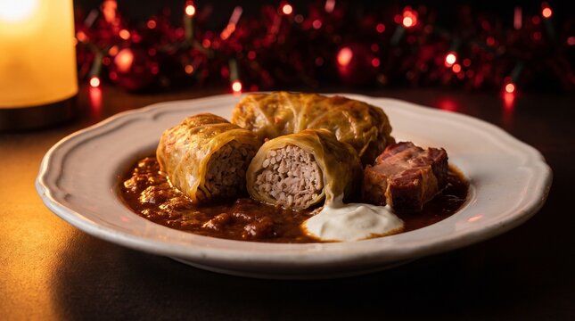 Traditional Romanian sarmale cabbage rolls stuffed with minced meat served with polenta