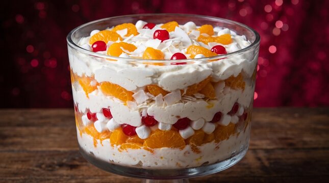Southern ambrosia salad in glass trifle bowl with oranges marshmallows and coconut