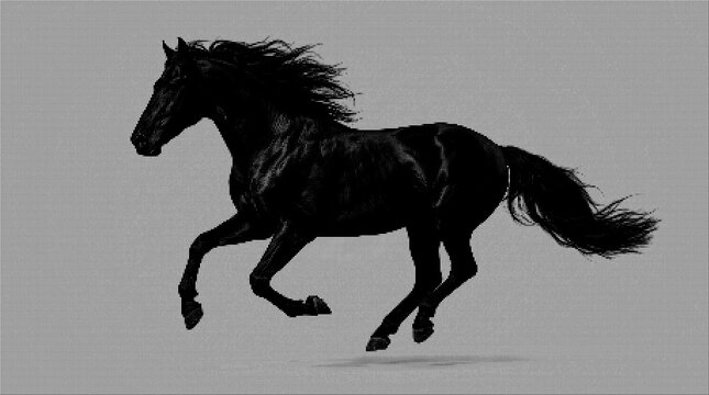 Running Black Horse Silhouette in Digital Mosaic Pixel Art Style, Galloping Stallion on White Halftone Background Graphic Design Element