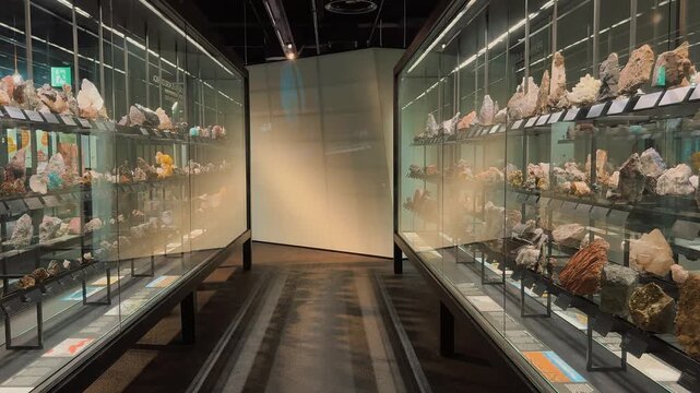 Explore a modern natural history museum exhibition featuring rare mineral specimens, raw crystals in illuminated glass display cases, interactive geological projections