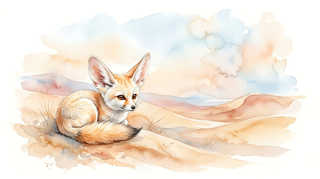 Watercolor fennec fox resting on desert sand dunes