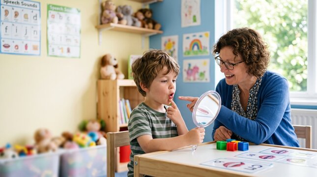 Female speech therapist guiding a child through an articulation exercise with a handheld mirror. Pediatric therapy scene for speech development, language skills and early intervention.