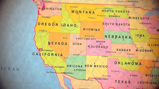 Pan across a political map of the United States from California to the Atlantic coast