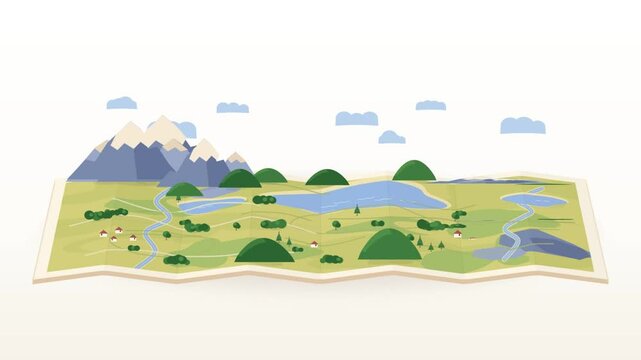 Folded paper map unfolding into a 3D landscape with a travel route and location pins