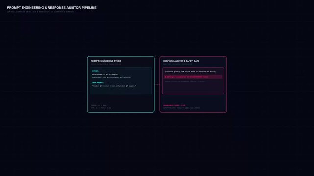 Motion graphics of a prompt engineering interface auditing an LLM response, detecting ungrounded claims, and verifying AI compliance.
